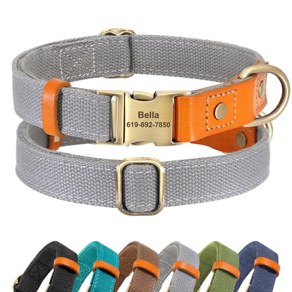 Custom Dog Collar with ID Tag - Personalized Nylon PU Leather Light Grey