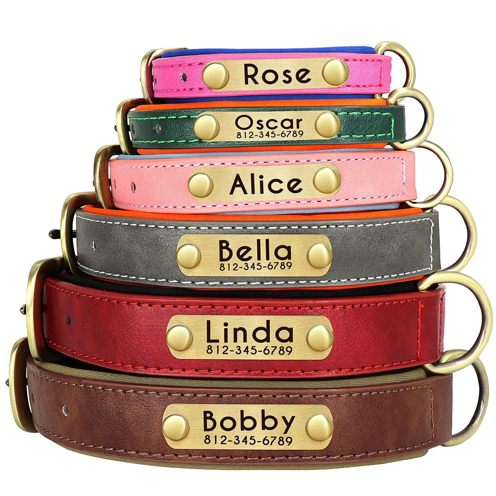 Personalized PU Leather Dog Collar with Free Engraving - Soft Padded