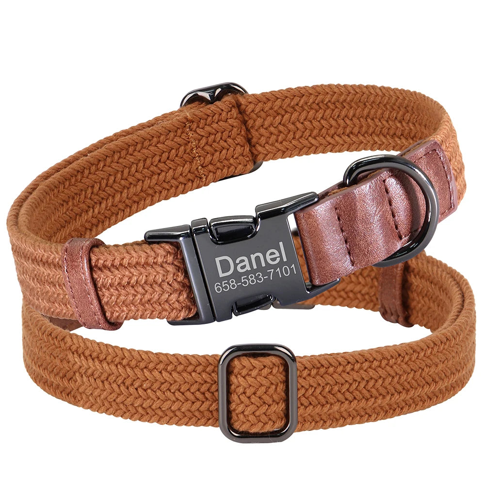 Custom Dog Collar with Name - Adjustable Nylon Pet Collar Brown
