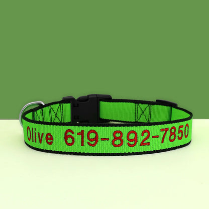 Custom Dog Collar with Embroidered Name - Adjustable Nylon Pet ID Green