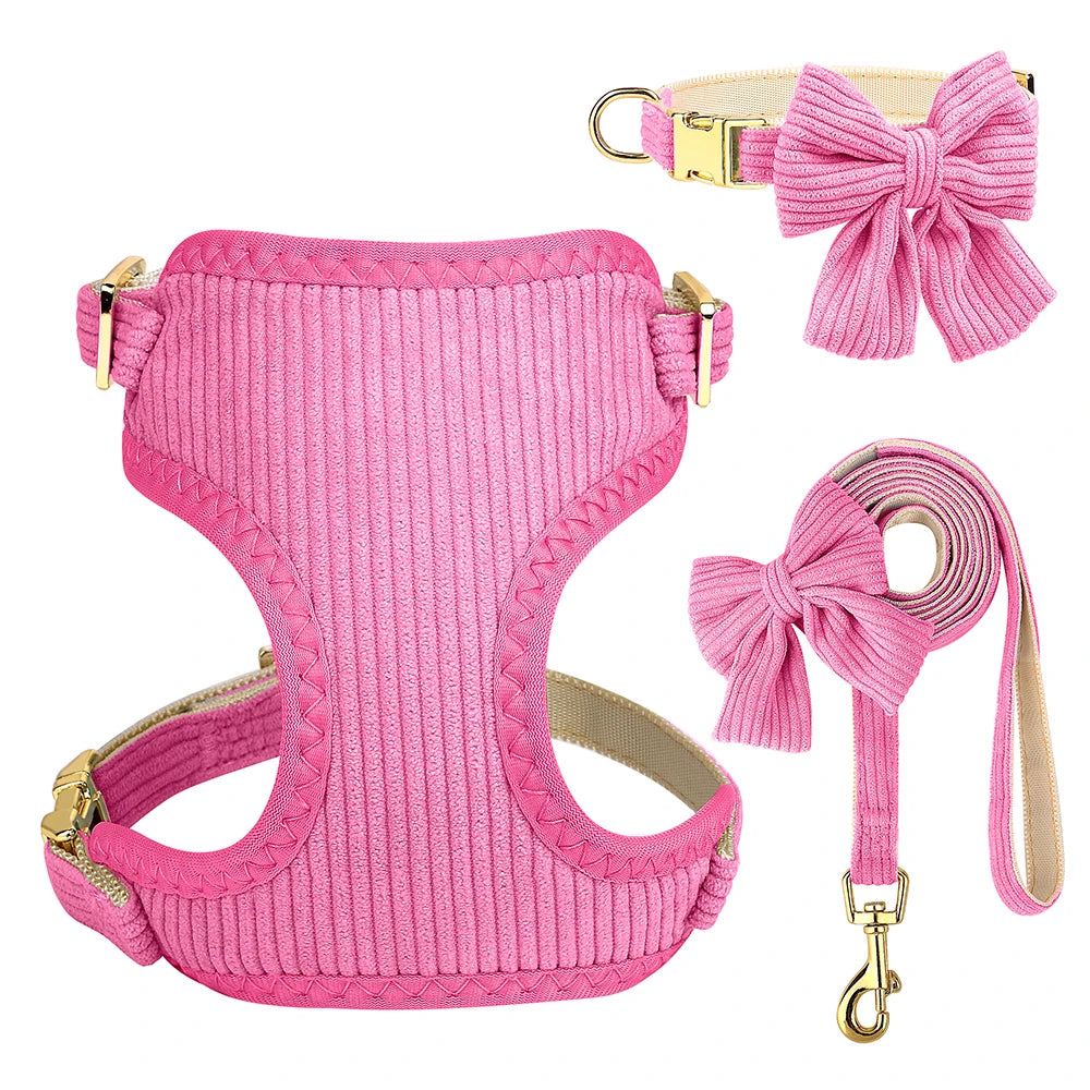 Adorable Bowknot Dog Harness Set - Soft Velvet Collar & Leash for Small Dogs Rose