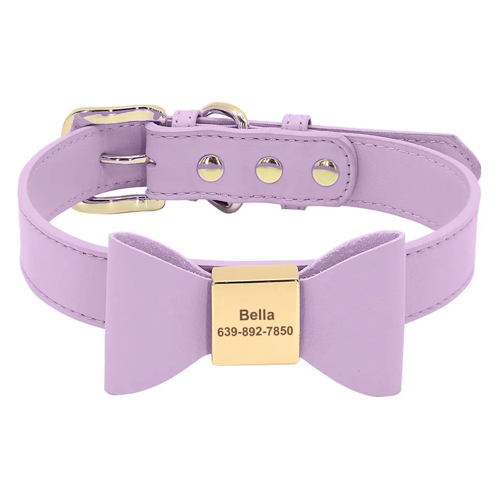 Personalized Dog Collar with Bowknot - Custom Engraved PU Leather Purple
