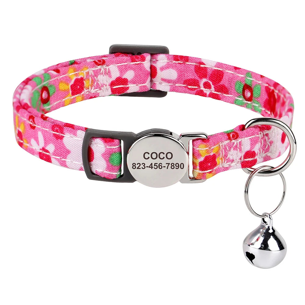Personalized Cat Collar with Bell - Custom Engraved Breakaway Rose Red 18-28cm neck