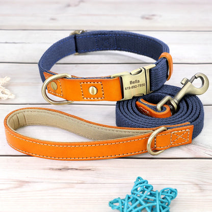 Custom Dog Collar Leash Set Personalized Pet ID Nylon Leather Dark Blue set