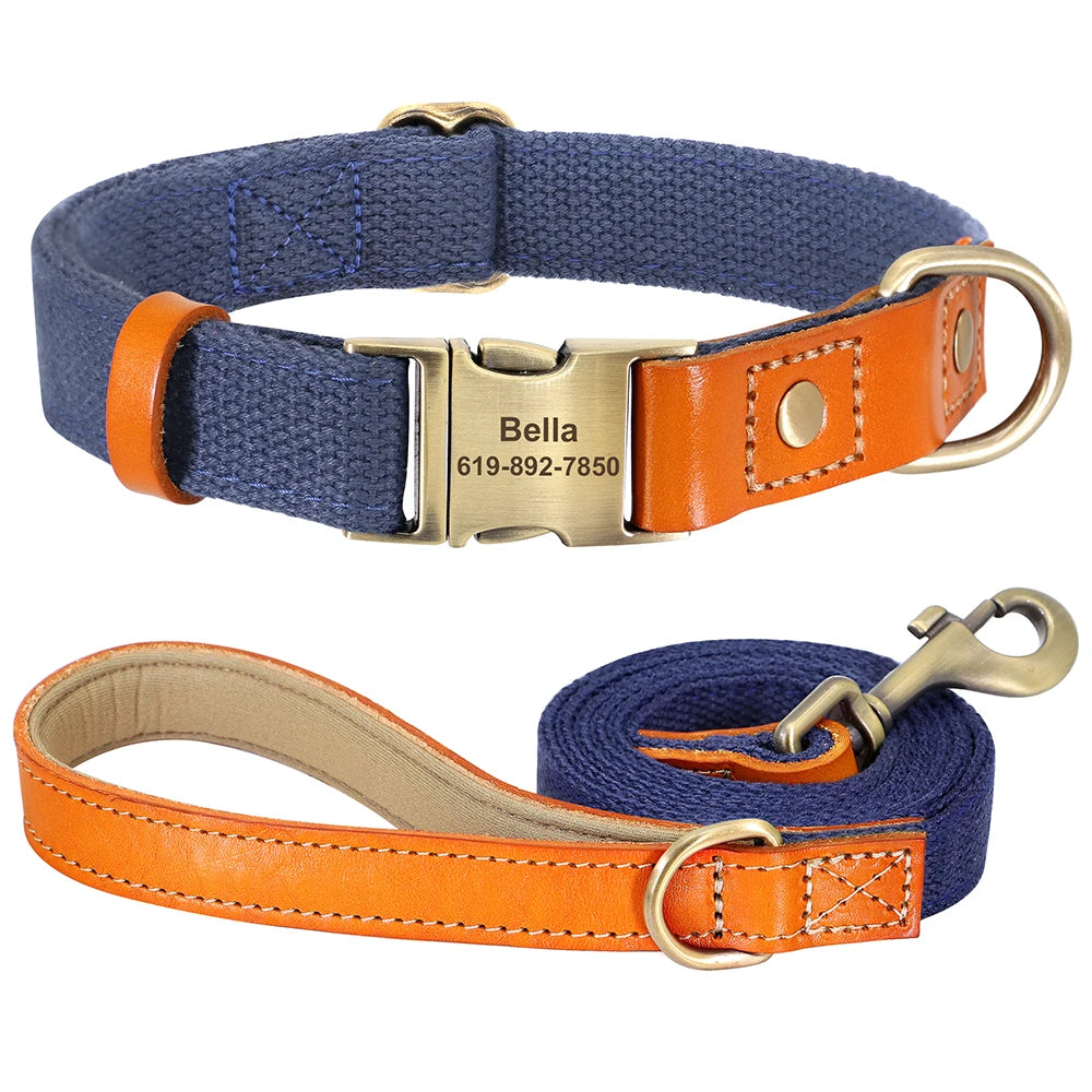 Custom Dog Collar & Leash Set - Personalized Pet ID Nylon Leather Dark Blue