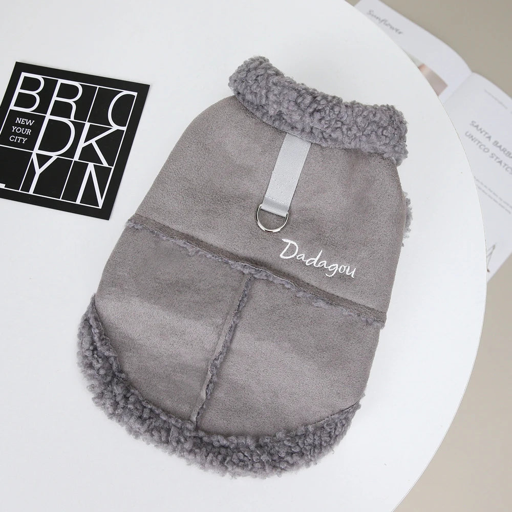 Winter Dog Jacket with Warm Fur Collar - Suede Pet Coat