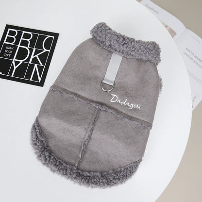 Winter Dog Jacket with Warm Fur Collar - Suede Pet Coat