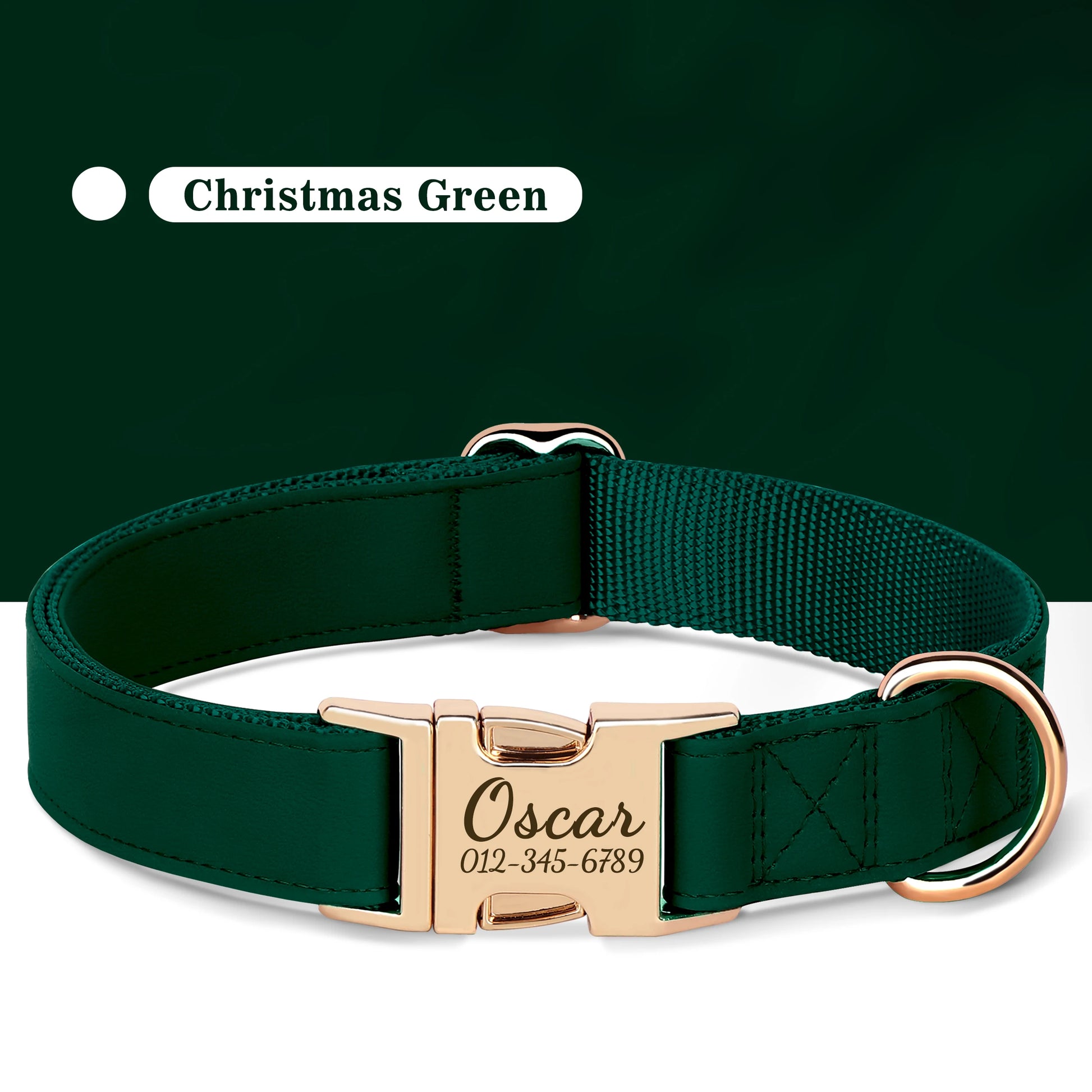 Custom Engraved Dog Collar - Personalized PU Leather Pet ID Collar DGreen