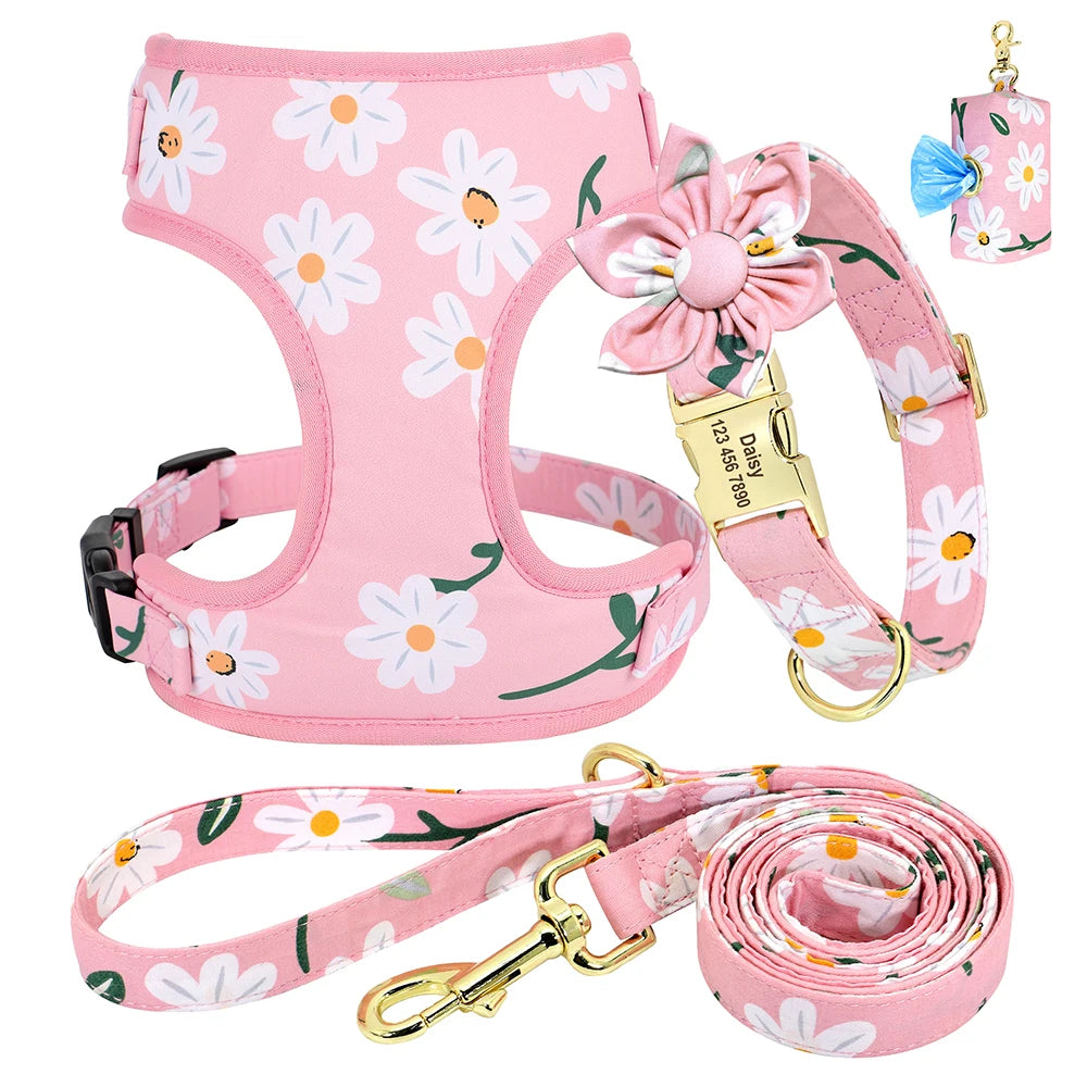 Custom Dog Collar Harness Set - Personalized Floral Pet Kit 4pcs pink