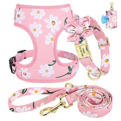 Custom Dog Collar Harness Set - Personalized Floral Pet Kit 4pcs pink