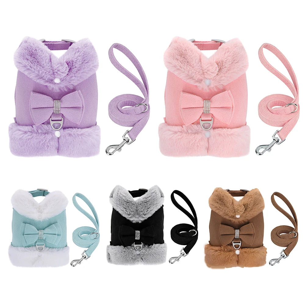 Winter Dog Harness Set - Warm Fur Vest with Bowknot & Leash