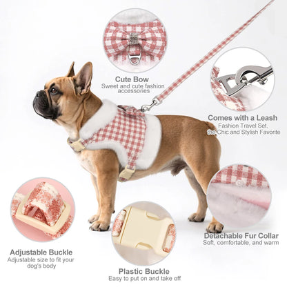 Warm Plaid Dog Harness Set with Removable Fur Collar & Leash