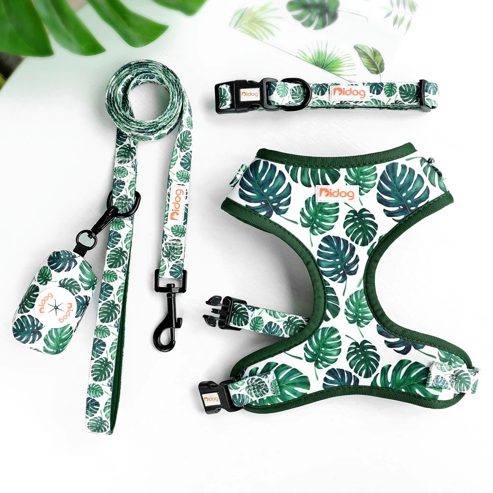Dog Harness and Leash Set with Waste Bag Dispenser - Mesh Vest Green