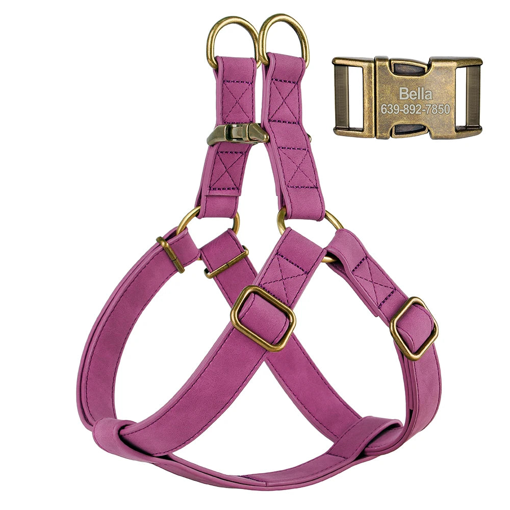 Personalized Dog Harness - Custom Engraved PU Leather Vest Purple
