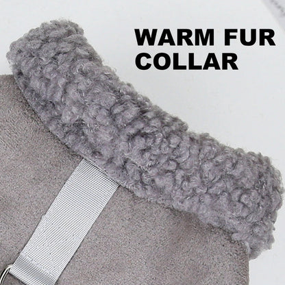 Winter Dog Jacket with Warm Fur Collar - Suede Pet Coat