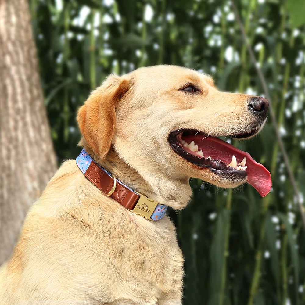 Custom Engraved Dog Collar - Personalized Flower Print Pet ID Collar