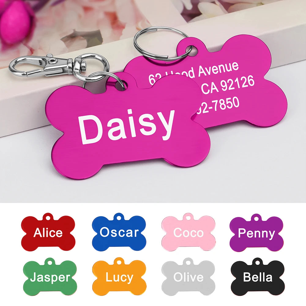 Bone Shaped Dog ID Tag - Custom Engraved Pet Name Aluminum