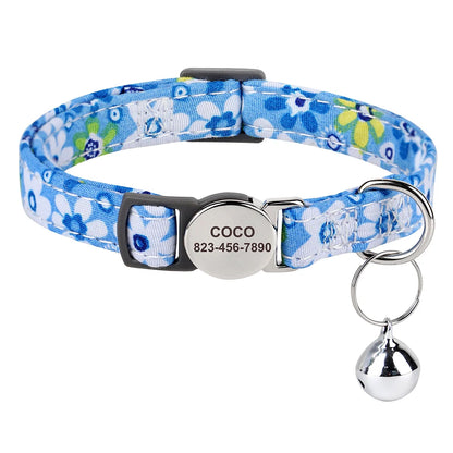 Personalized Cat Collar with Bell - Custom Engraved Breakaway Blue 18-28cm neck