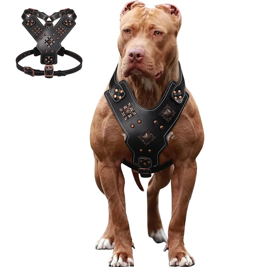 Genuine Leather Dog Harness Large Dogs - Durable Training Vest Metal