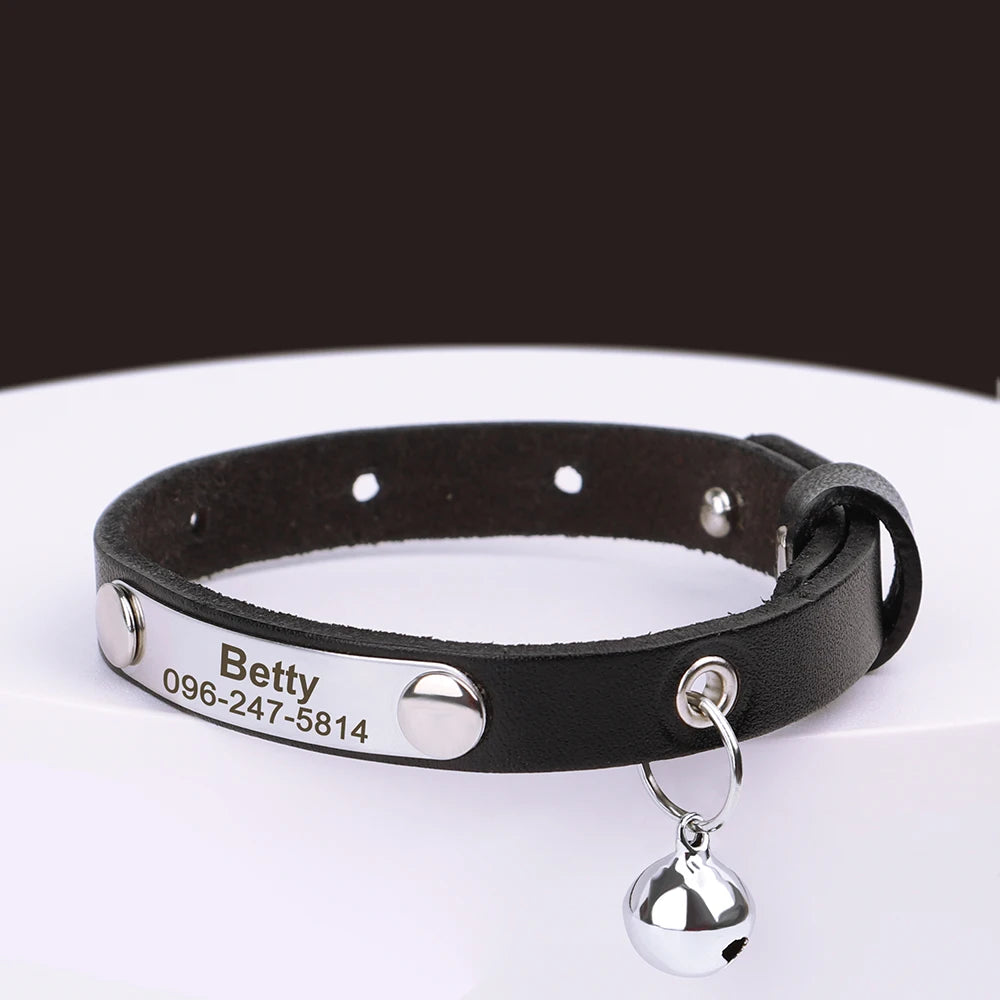 Personalized Leather Cat Collar with Bell - Custom Engraved Pet ID Black 15-23cm