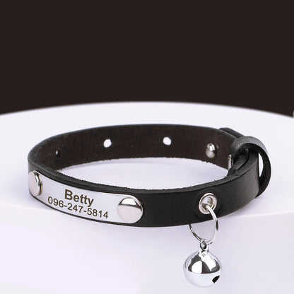 Personalized Leather Cat Collar with Bell - Custom Engraved Pet ID Black 15-23cm