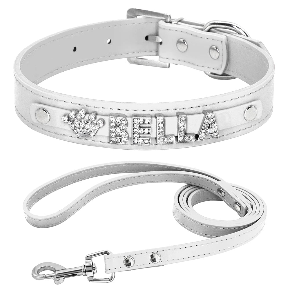 Personalized Dog Collar and Leash Set with Rhinestone Charm - Custom Pet Collar for Small to Large Dogs White