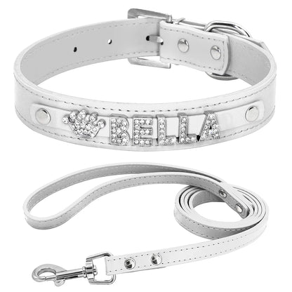 Personalized Dog Collar and Leash Set with Rhinestone Charm - Custom Pet Collar for Small to Large Dogs White