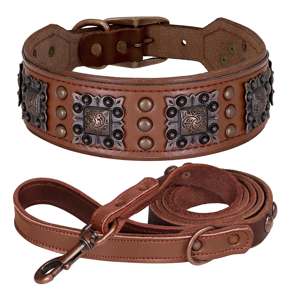 Leather Dog Collar Leash Set Large Dogs - Padded Wide Metal Rivet