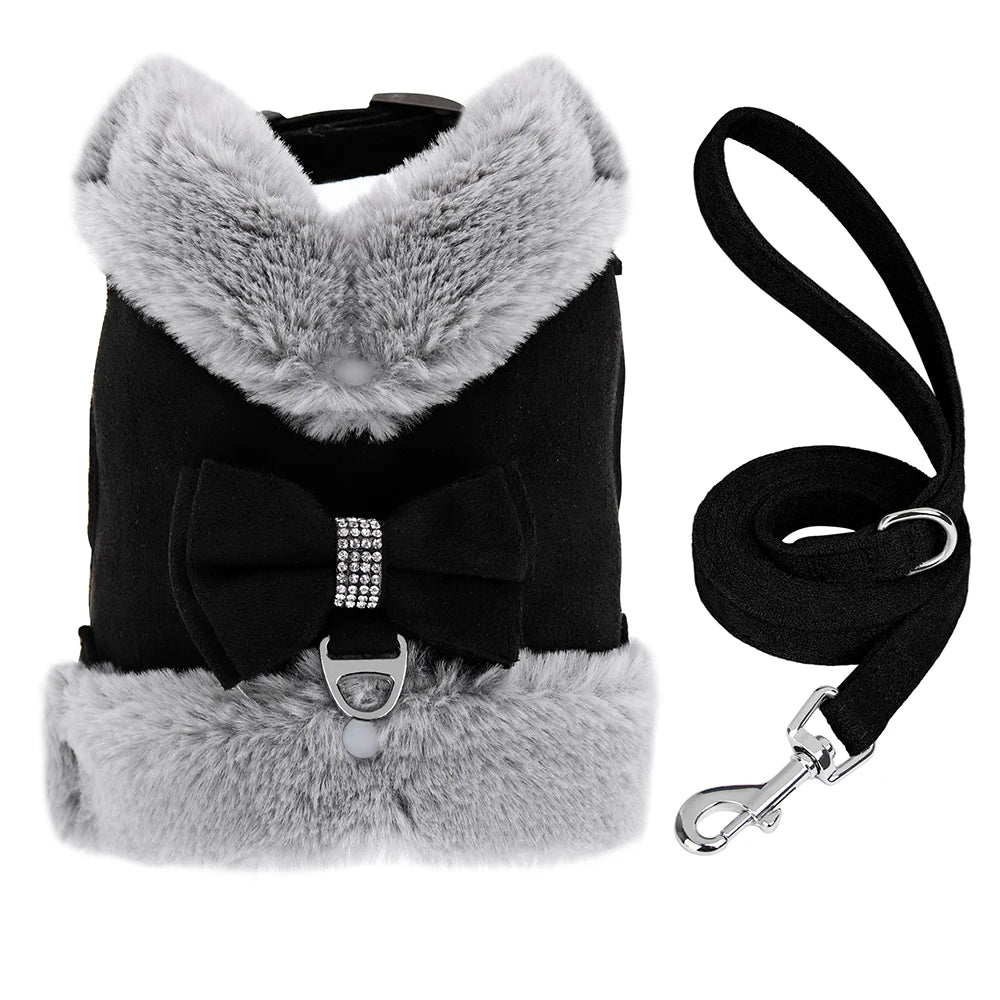 Winter Dog Harness Set - Warm Fur Vest with Bowknot & Leash black
