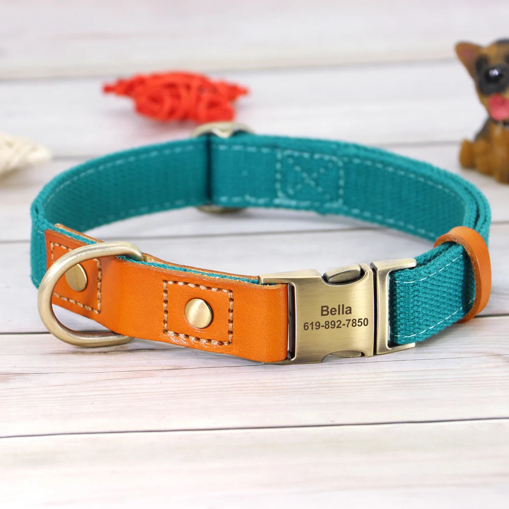 Custom Dog Collar Leash Set Personalized Pet ID Nylon Leather Blue collar