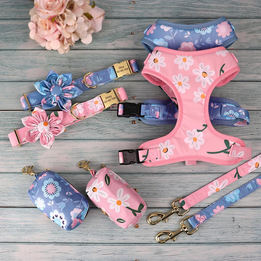 Custom Dog Collar Harness Set - Personalized Floral Pet Kit