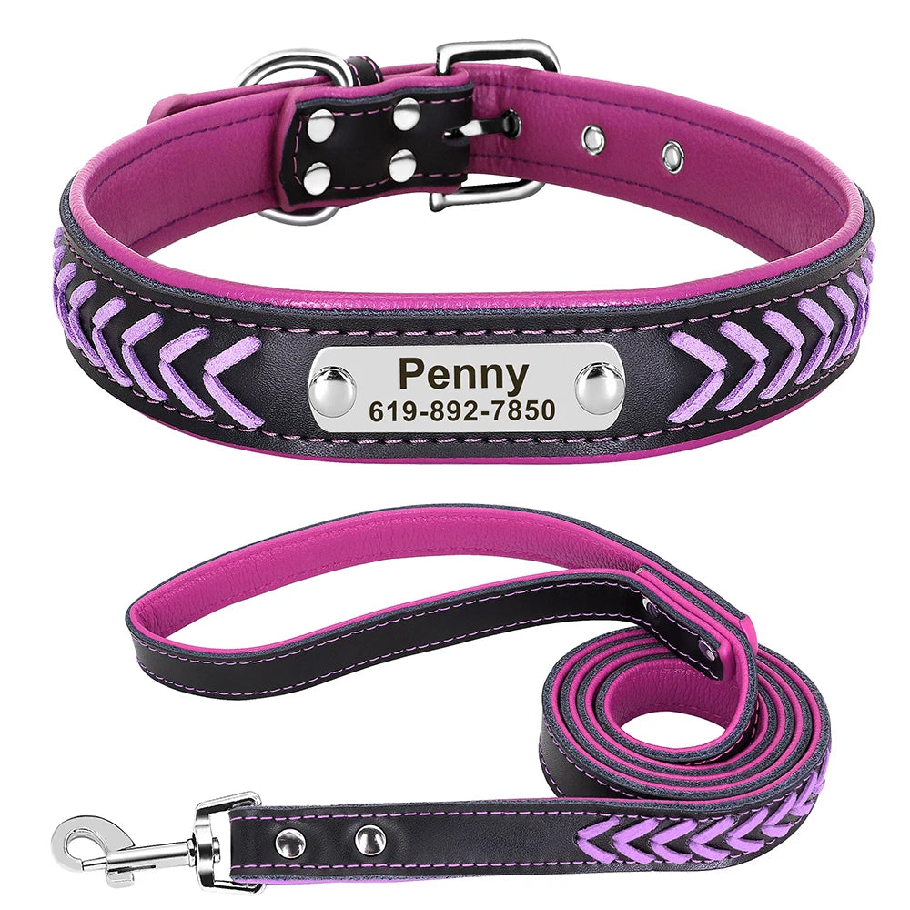 Custom Leather Dog Collar - Personalized Engraved Name Plate Purple set