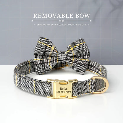 Custom Dog Collar Bowknot Engraved Pet ID Nylon Small Medium Gray