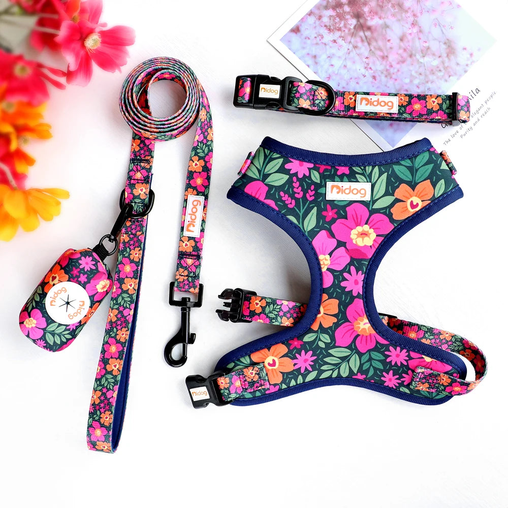 Dog Harness and Leash Set with Waste Bag Dispenser - Mesh Vest Rose