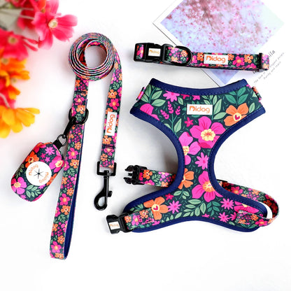 Dog Harness and Leash Set with Waste Bag Dispenser - Mesh Vest Rose