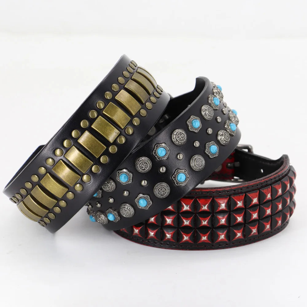 Luxury Leather Dog Collar 2 Inch Wide Diamond Spike - Large Dogs