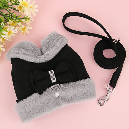 Winter Dog Harness Set - Warm Fur Vest with Bowknot & Leash
