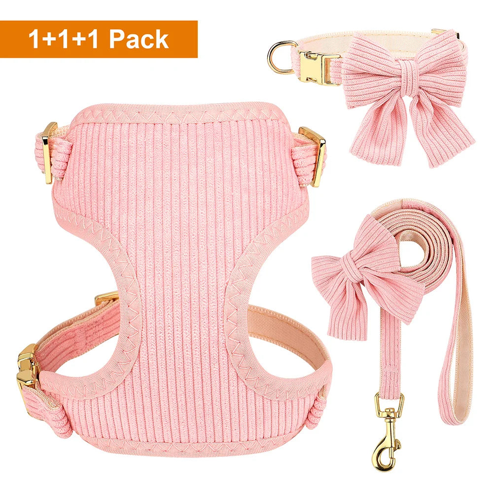 Adorable Bowknot Dog Harness Set - Soft Velvet Collar & Leash for Small Dogs Pink