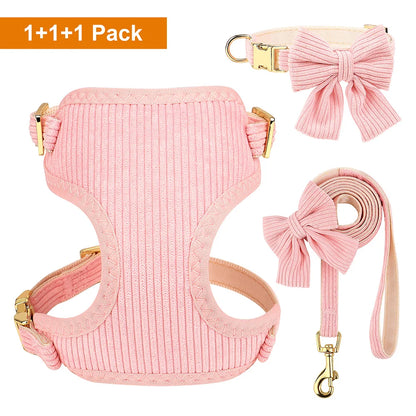 Adorable Bowknot Dog Harness Set - Soft Velvet Collar & Leash for Small Dogs Pink