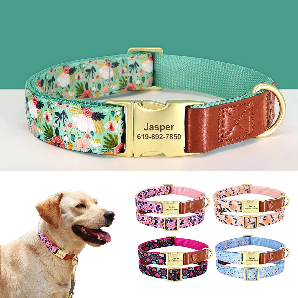 Custom Engraved Dog Collar - Personalized Flower Print Pet ID Collar