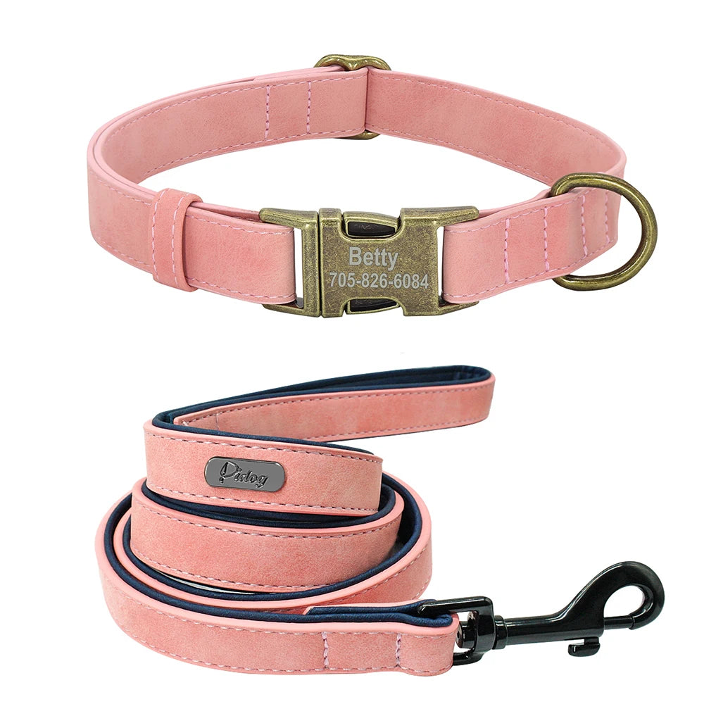 Personalized Dog Collar & Leash Set - Custom Engraved Pet Accessories Pink