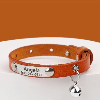 Personalized Leather Cat Collar with Bell - Custom Engraved Pet ID Yellow 15-23cm