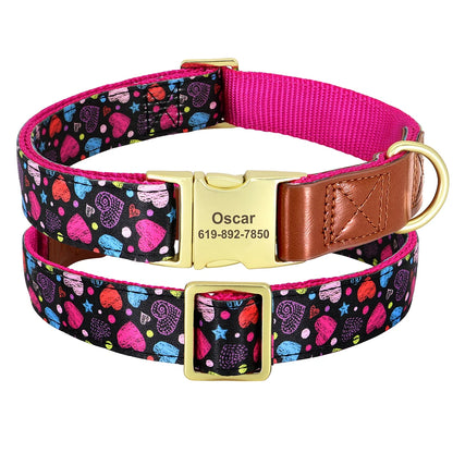Custom Engraved Dog Collar - Personalized Flower Print Pet ID Collar Black