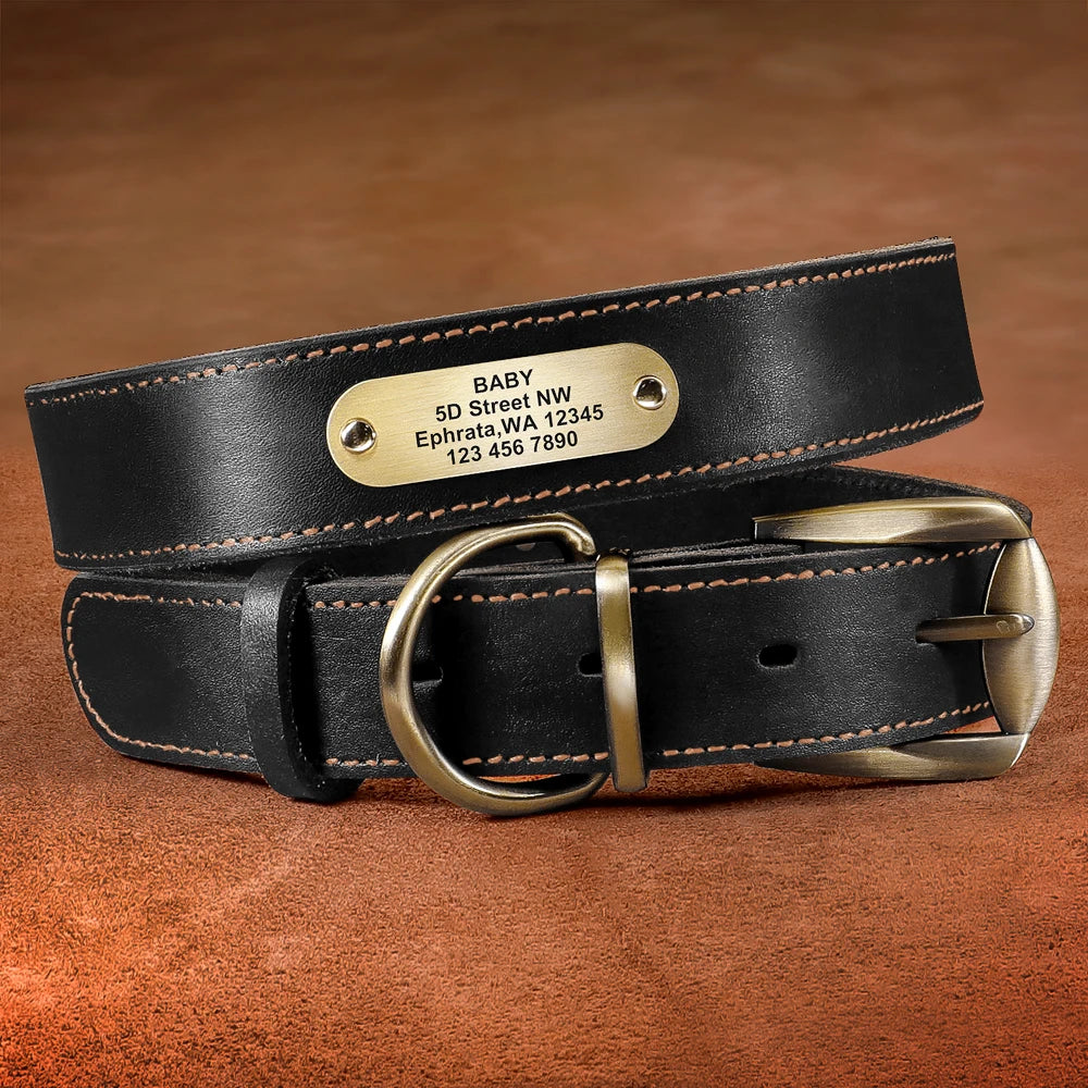 Personalized Leather Dog Collar with Custom Engraved ID Tag black
