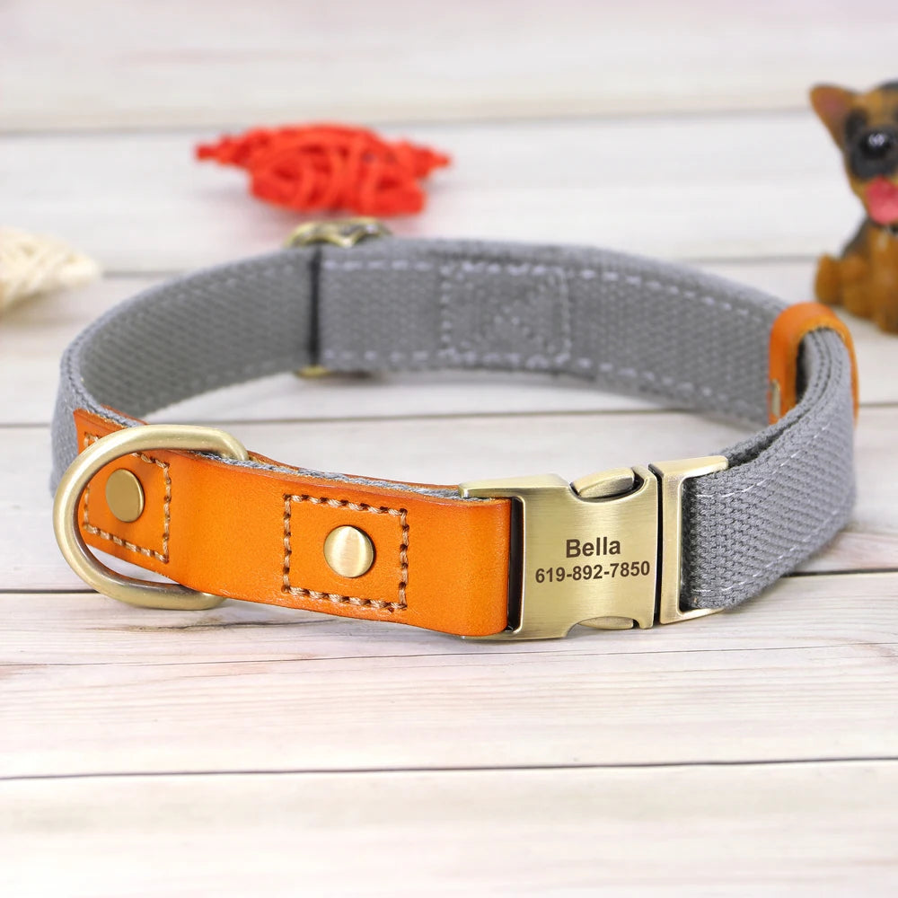 Custom Dog Collar Leash Set Personalized Pet ID Nylon Leather Gray collar