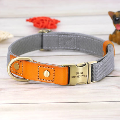 Custom Dog Collar Leash Set Personalized Pet ID Nylon Leather Gray collar