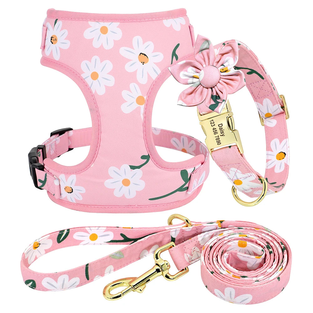 Custom Dog Collar Harness Set - Personalized Floral Pet Kit 3pcs pink