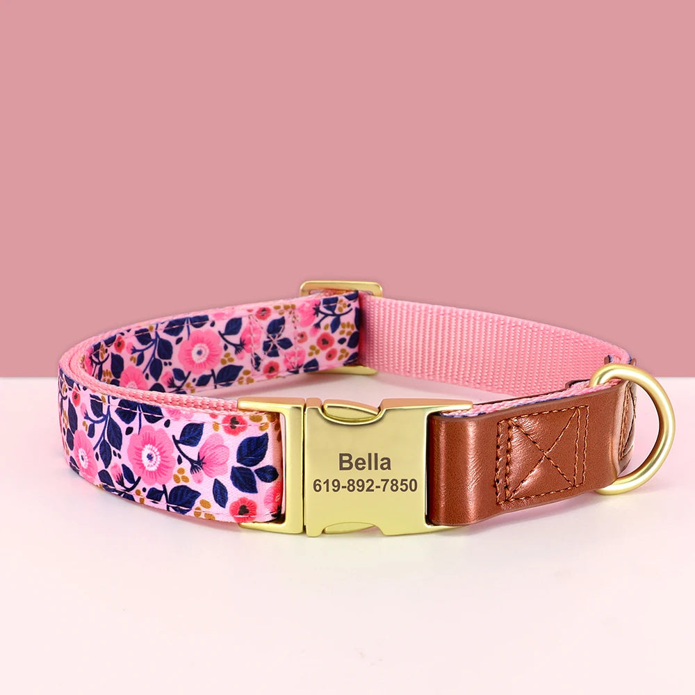 Custom Engraved Dog Collar - Personalized Flower Print Pet ID Collar