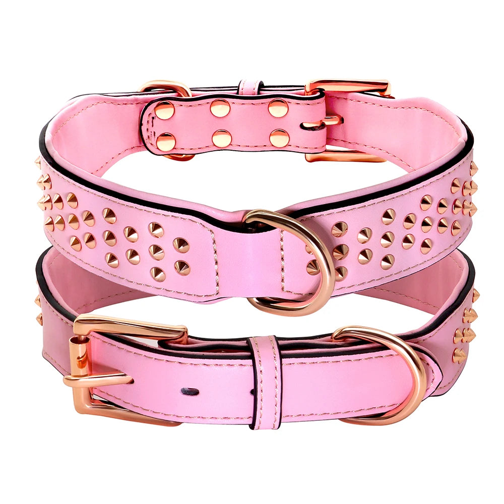 Spiked Leather Dog Collar - Adjustable Metal Rivet Pet Accessory Pink