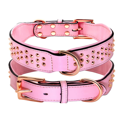 Spiked Leather Dog Collar - Adjustable Metal Rivet Pet Accessory Pink